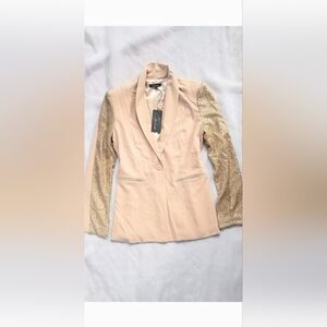 NWT! Chic Spring GOLD Sequin Sleeve Mixed Media Tan Women's Blazer Jacket Large